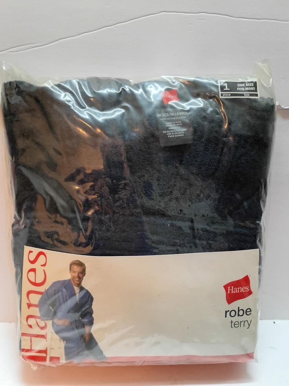 VTG SEALED Hanes Terry Cloth Robe Mens One Size Fits Most Black Belted Pockets